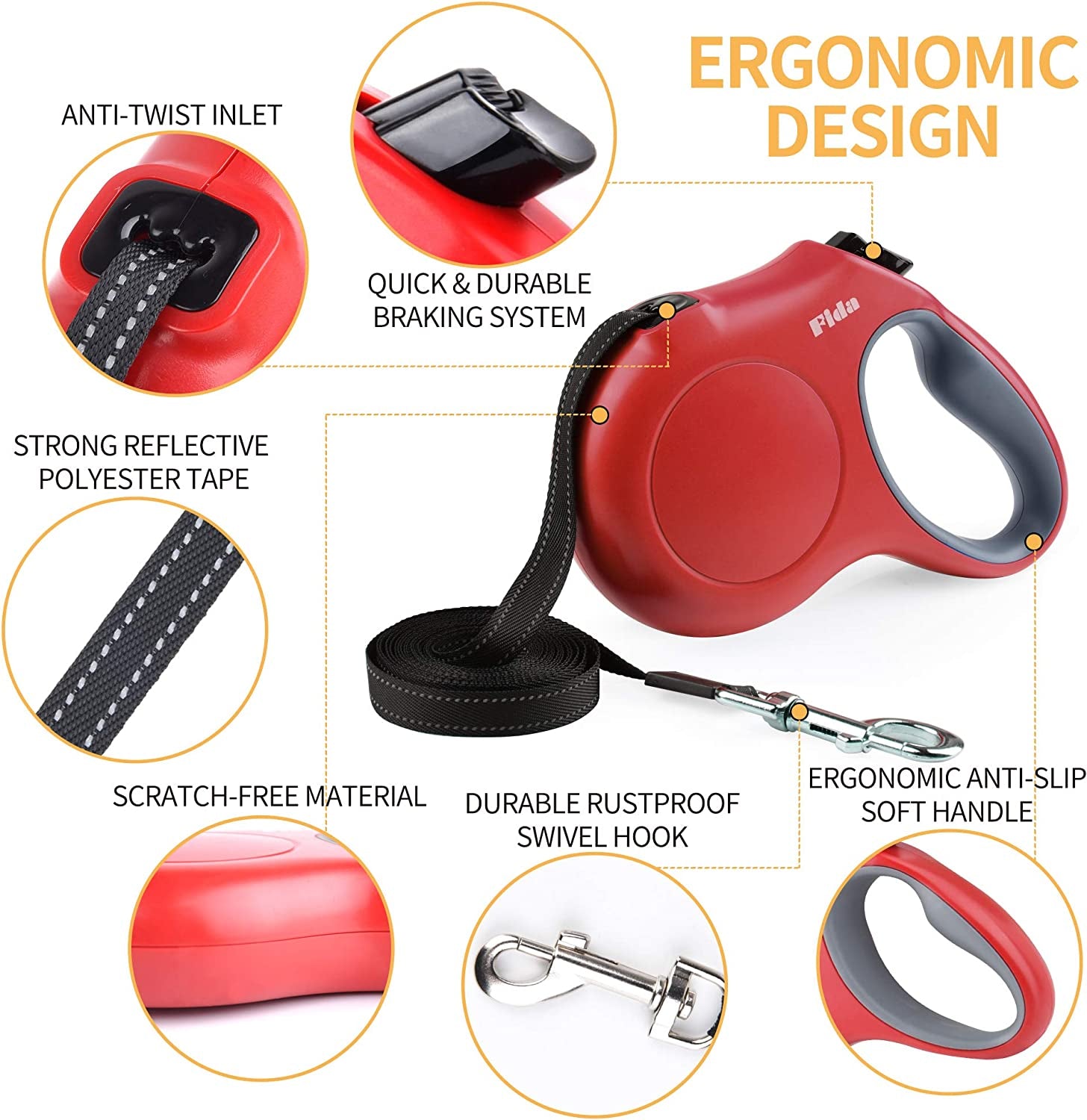 Fida Retractable Dog Leash with Dispenser and Poop Bags